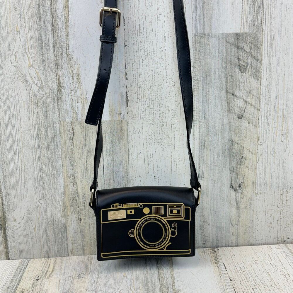 kate spade Black Crossbody Camera Bag with Gold Outline